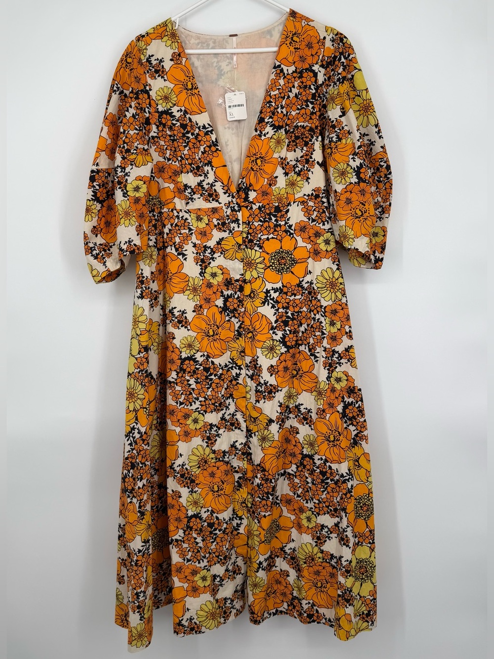 Free People Lydia Midi Dress Floral Boho Puff Sleeves Size XL NWT - Picture 2 of 9